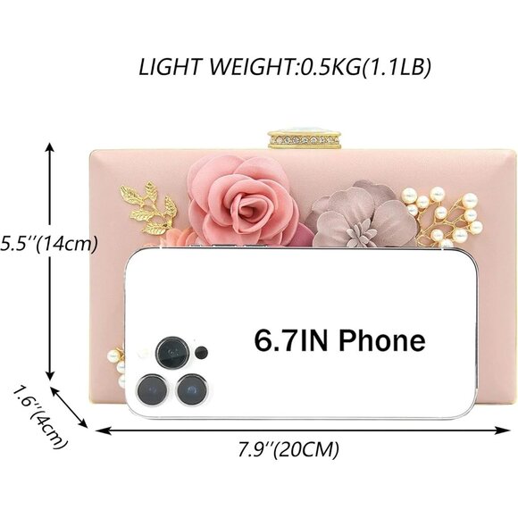 Women's Light Pink Flower Metal Leaves Evening Bride Wedding Floral Clutch Bag - Picture 3 of 9